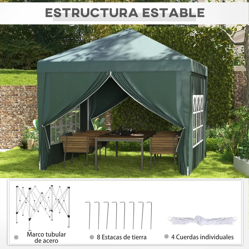 Outsunny Carpa Plegable con 4 Paredes Desmontables 3x3 m Cenador de Jardín con Bolsa de Transporte Impermeable Anti-UV Verde