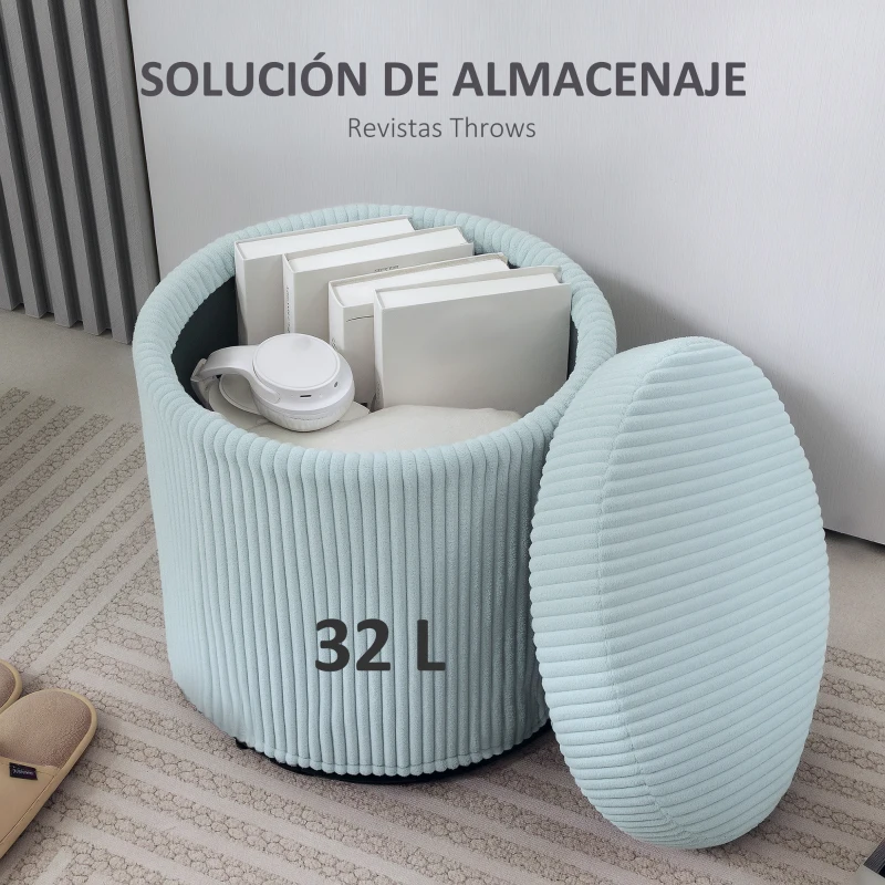 HOMCOM Puff con Almacenaje Redondo Tapizado en Pana con Estructura de Acero Estable y Acolchado Suave Ø40x41 cm Azul Claro