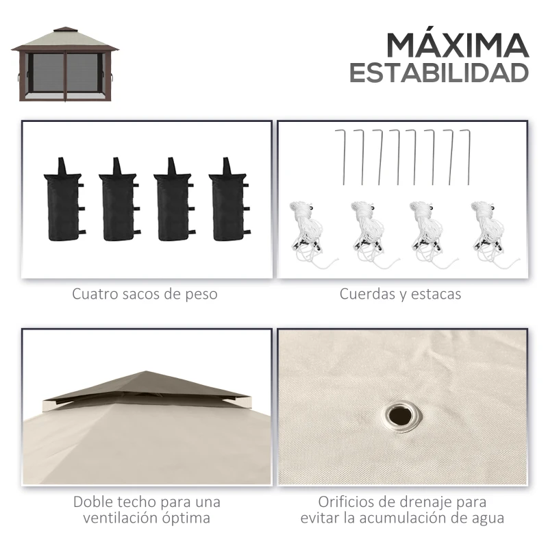 Outsunny Carpa Plegable Pop-up con Altura Ajustable Protección UV50+ Doble Techo y Mosquiteras 4x4x2,8 m Beige