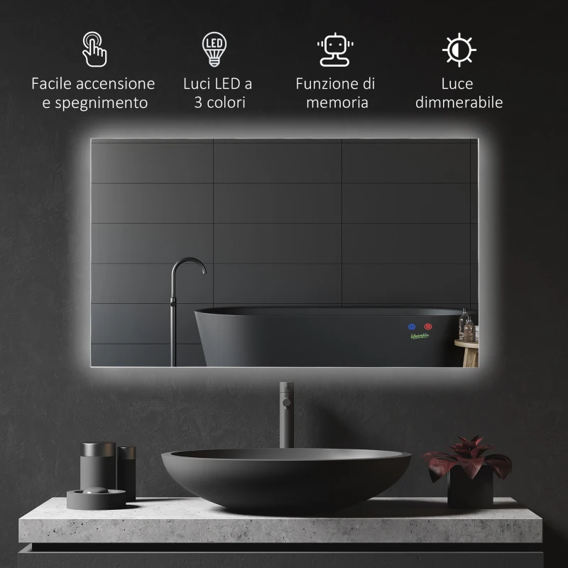 kleankin Specchio Bagno con Luce LED, Sistema Anti-Appannamento e Tasti Touch, 90x60cm, Argento
