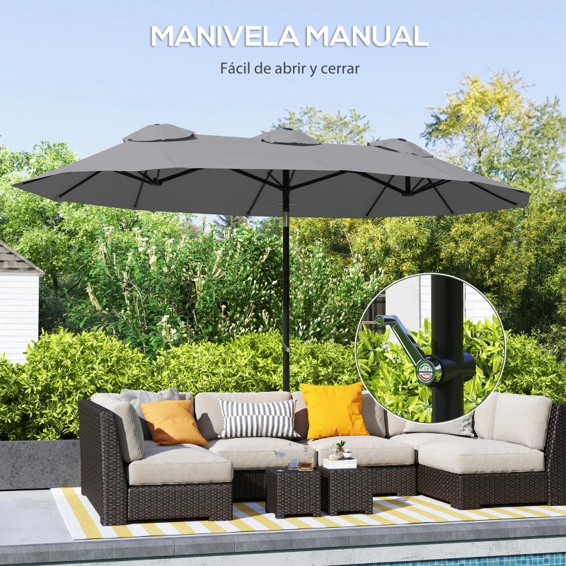 Outsunny Sombrilla Doble de Jardín 295x152x222 cm con Inclinación de 45° y Manivela para Terraza Balcón Piscina Color Gris