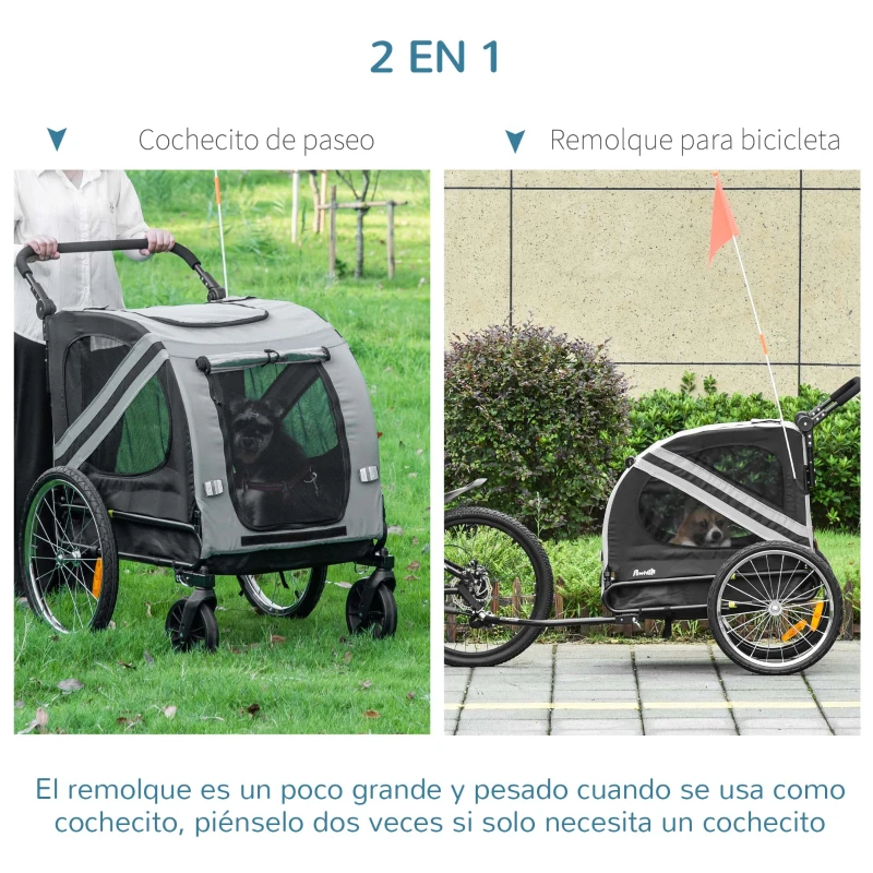 PawHut Remolque de Bicicleta para Perros 2 en 1 con Puertas Enrollables Cinturón de Seguridad Carga 30 kg 140x72,5x108 cm Gris
