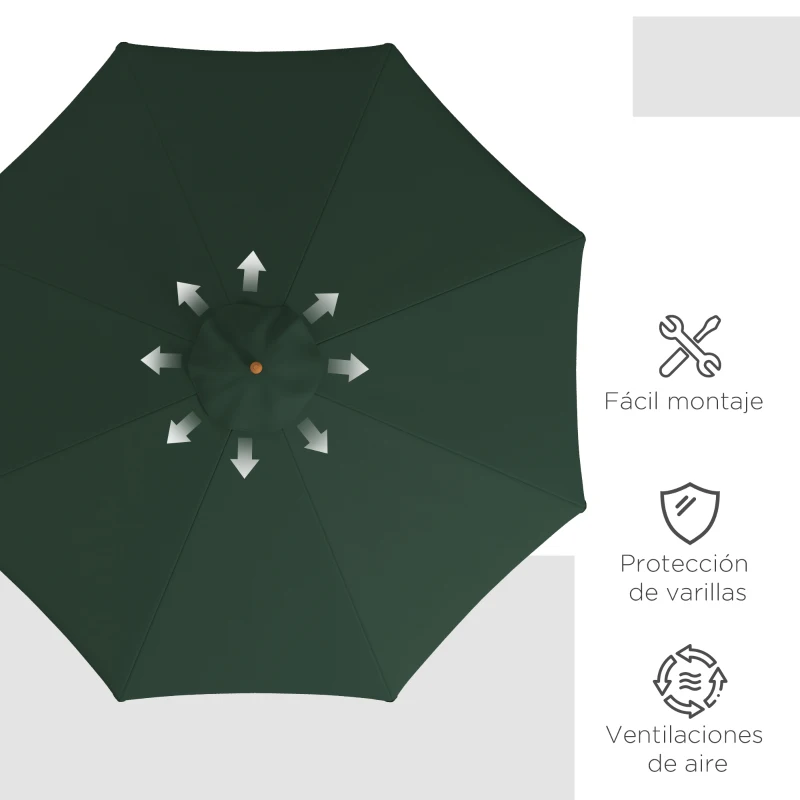 Outsunny Parasol de Madera Ø325x250 cm con Sistema de Polea Techo de Ventilación y 8 Varillas de Bambú para Terraza Balcón Verde