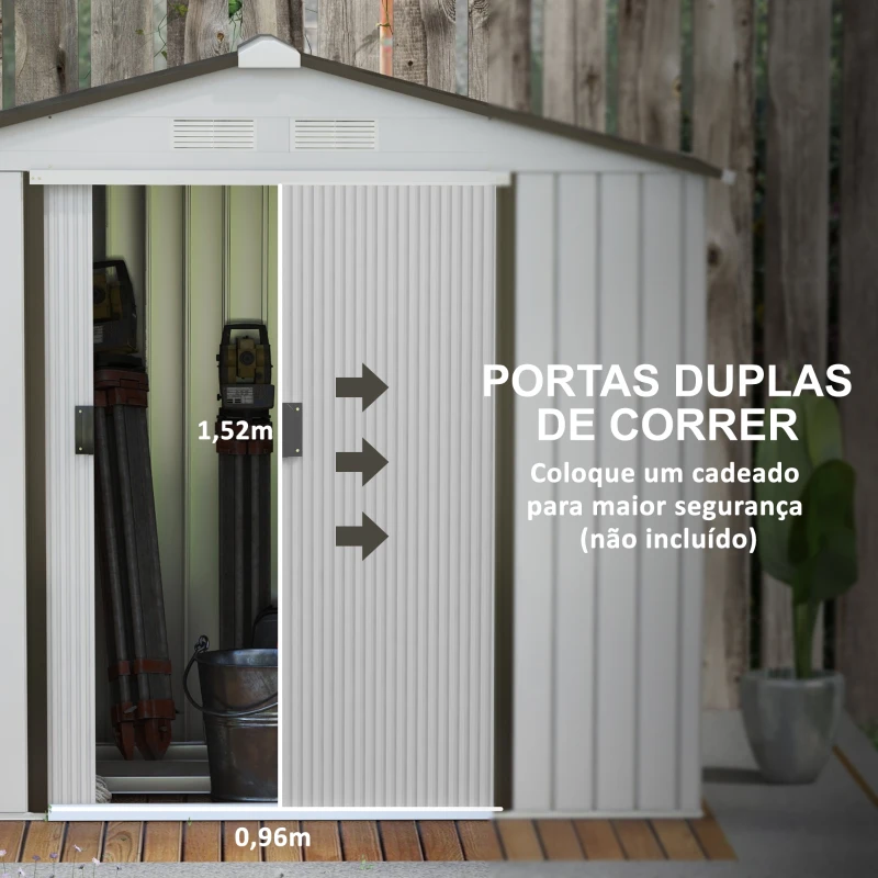 Outsunny Abrigo de Jardim 213x130x185cm Abrigo de Jardim Metálico de Exterior com 2 Portas Deslizantes e 4 Janelas Branco e Cinza