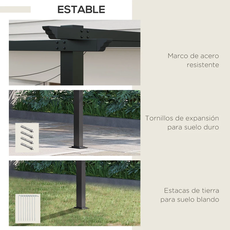 Outsunny Pérgola de Pared para Exterior con Techo Retráctil para Patio Terraza Jardín 390x290x220 cm Crema