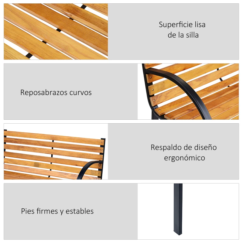 Outsunny Banco de Jardín de Madera de 2 Plazas 122x60x83 cm con Respaldo y Apoyabrazos Listones y Marco de Acero Carga 220 kg Color Natural y Negro