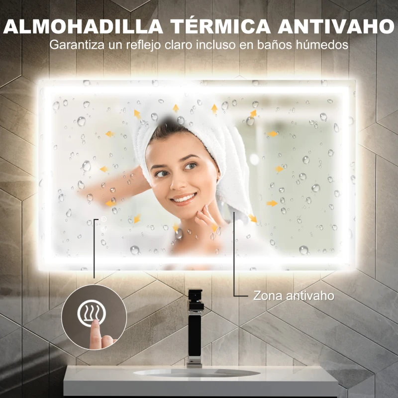 HOMCOM Espejo de Baño LED 100x60 cm con Luz Retroiluminado Antivaho Brillo Ajustable Montaje Vertical u Horizontal