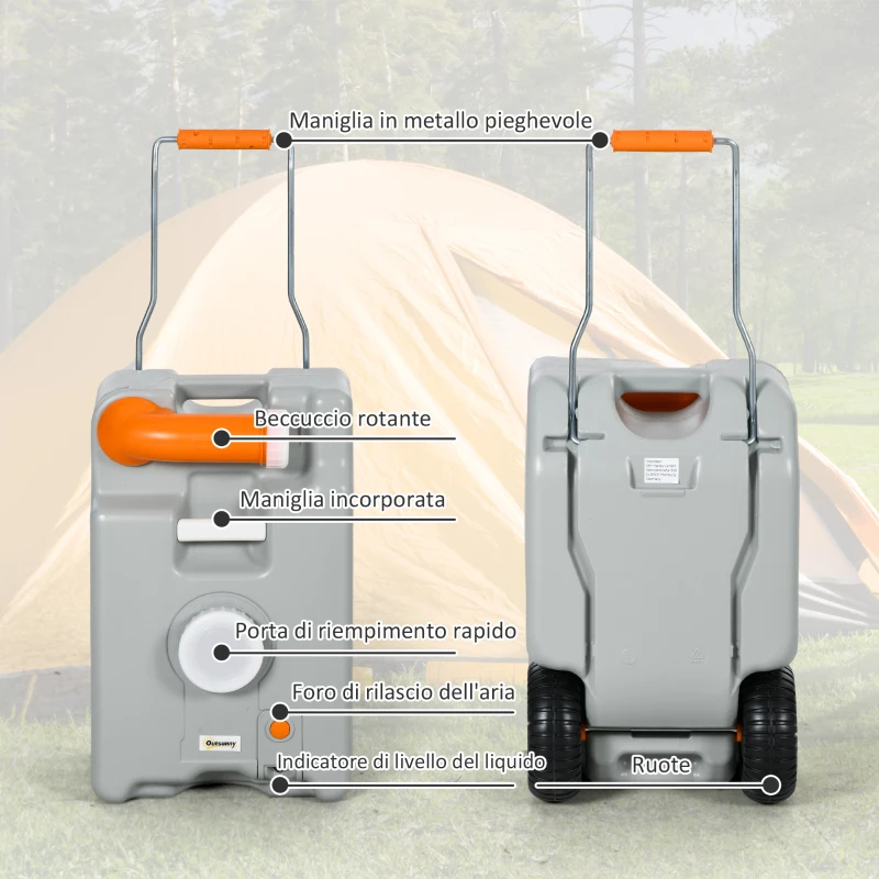 Outsunny Serbatoio per Acqua da Campeggio 22L con Ruote e Maniglia e Beccuccio Girevole, Grigio