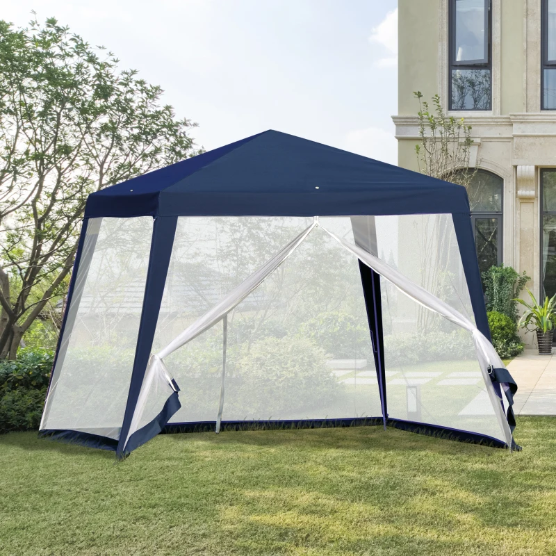 Outsunny Carpa de Jardín 3x3 m Cenador con 4 Partes Laterales Mosquitera con Cremallera Protección UV Impermeable para Patio Exterior Eventos Fiesta Azul