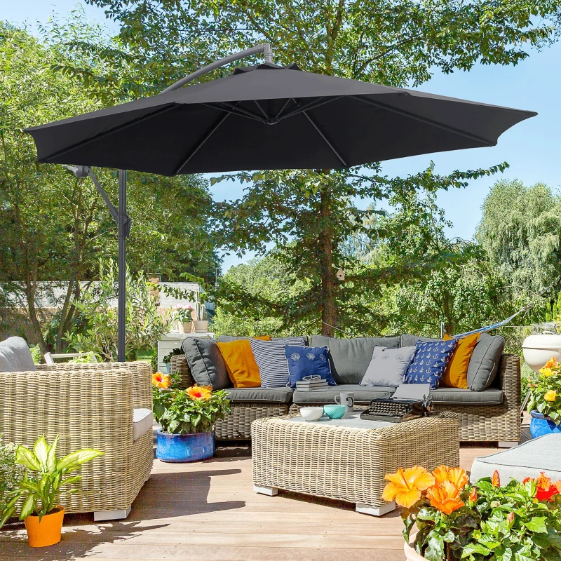 Outsunny Sombrilla de Jardín Ø295x250 cm Parasol Excéntrico Inclinable con Manivela Base Cruzada y Soporte de Metal 8 Varillas para Terraza Exterior Balcón Negro