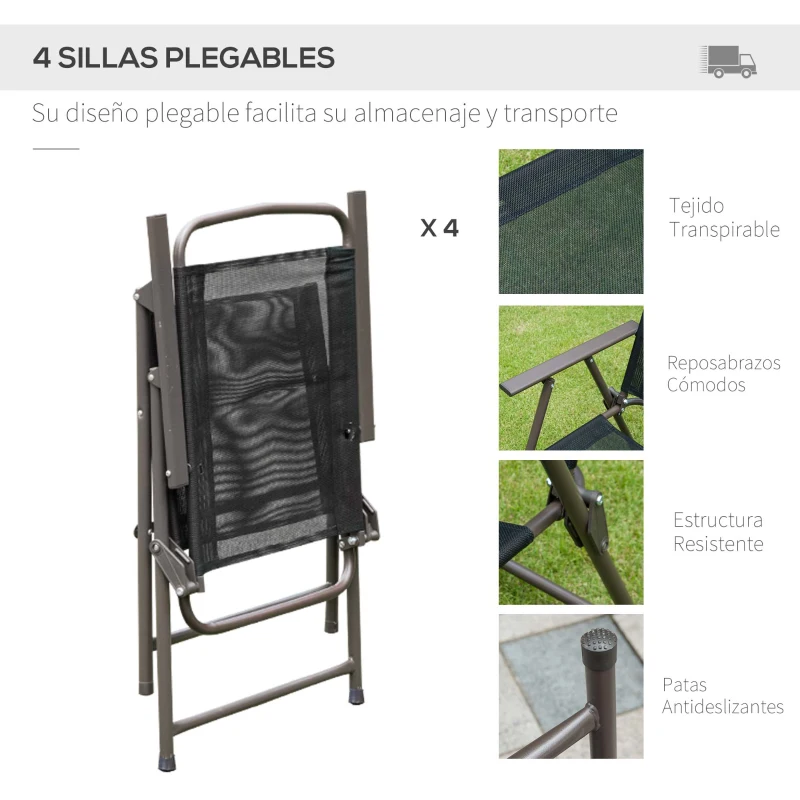 Outsunny Conjunto de Muebles para Jardín con 4 Sillas 1 Mesa y 1 Parasol Texteline Aluminio y Poliéster Negro