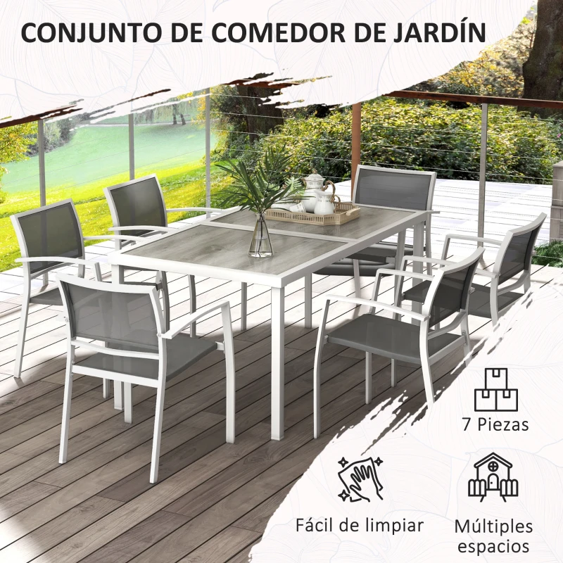 Outsunny Juego de Comedor de Jardín de 7 Piezas con 1 Mesa y 6 Sillas Apilables Estilo Moderno para Terraza Patio Blanco y Gris