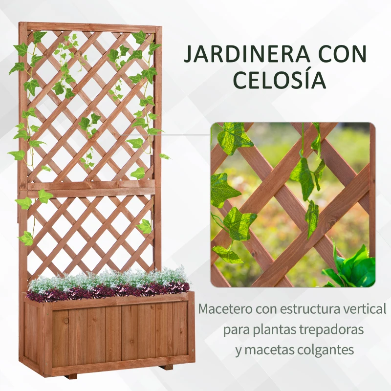 Outsunny Jardinera con Enrejado de Madera Macetero de Jardín con Soporte para Trepadora 72,5x31,5x149,5 cm Natural