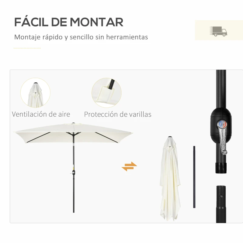 Outsunny Sombrilla de Aluminio 200x300x253 cm Parasol Rectangular de Jardín Inclinable con Manivela y Poste Desmontable Crema
