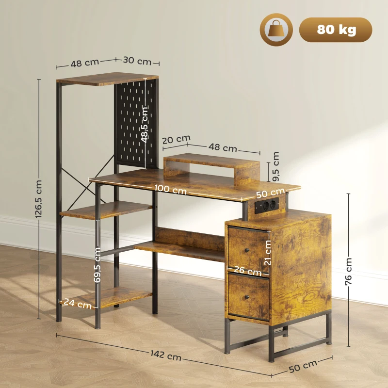 HOMCOM Secretária Estilo Industrial com Luzes LED Estação de Carga Suporte para Monitor Controlo Remoto 142x50x126,5 cm Castanho Rústico