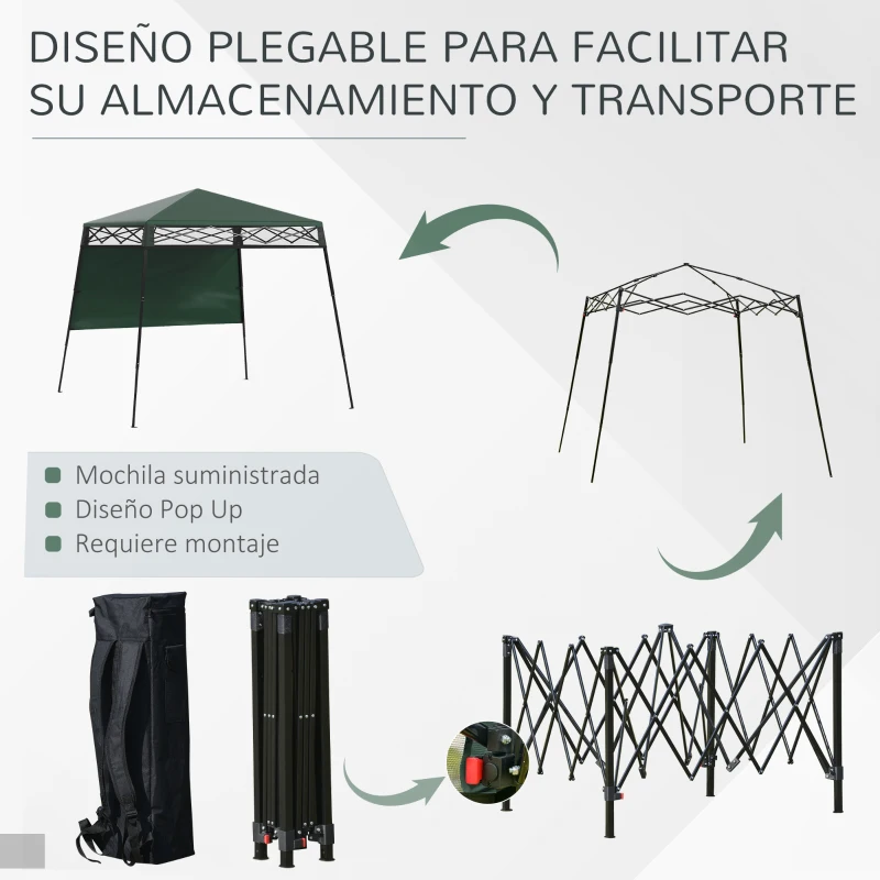 Outsunny Cenador Plegable 220x220x200 cm con 1 Pared Lateral Bolsa de Transporte Impermeable y Protección UV50+ Verde