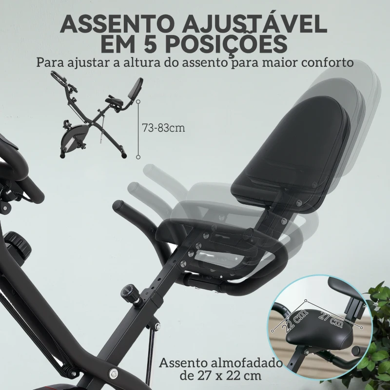 SPORTNOW Bicicleta Estática Dobrável com Resistência Magnética de 8 Níveis Encosto Volante Ecrã LCD e Banda de Resistência 43x97x109 cm Preto