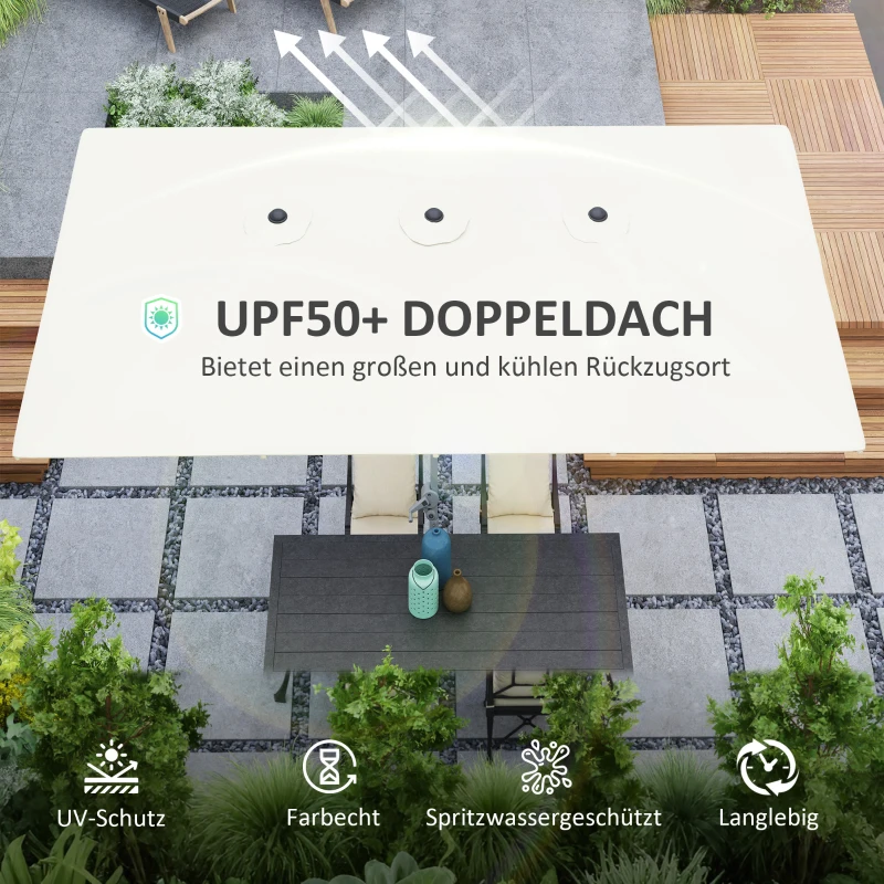 Outsunny Podwójny parasol, 451 x 264 cm Parasol z systemem korbkowym, 12 metalowych żeber, maszt z aluminium, Kremowy