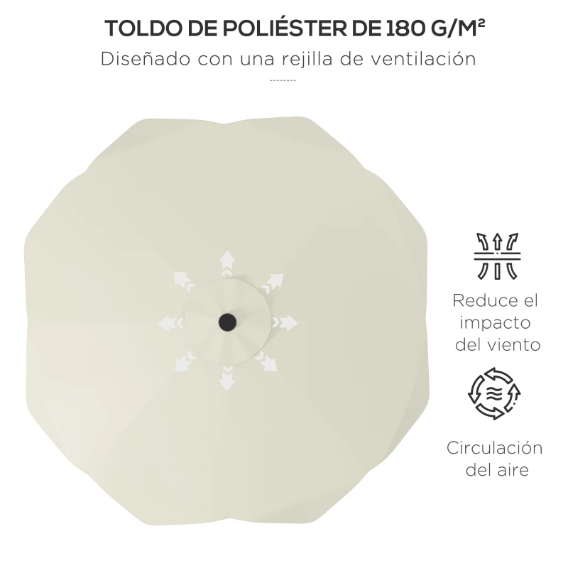 Outsunny Sombrilla de Jardín Manual Ø292x248 cm con 32 Luces LED Solares 8 Varillas Impermeable y Rejillas de Ventilación Crema
