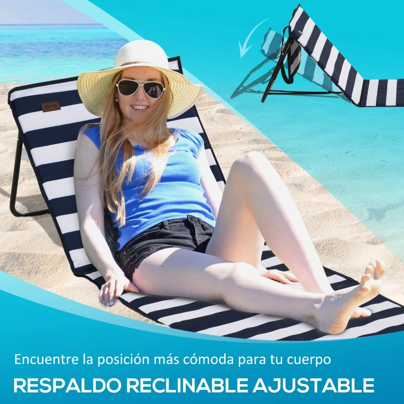 Outsunny Conjunto de 2 Esterillas de Playa Plegable con Respaldo Reclinable y Bolsa de Transporte 142x51x40 cm Blanco y Azul