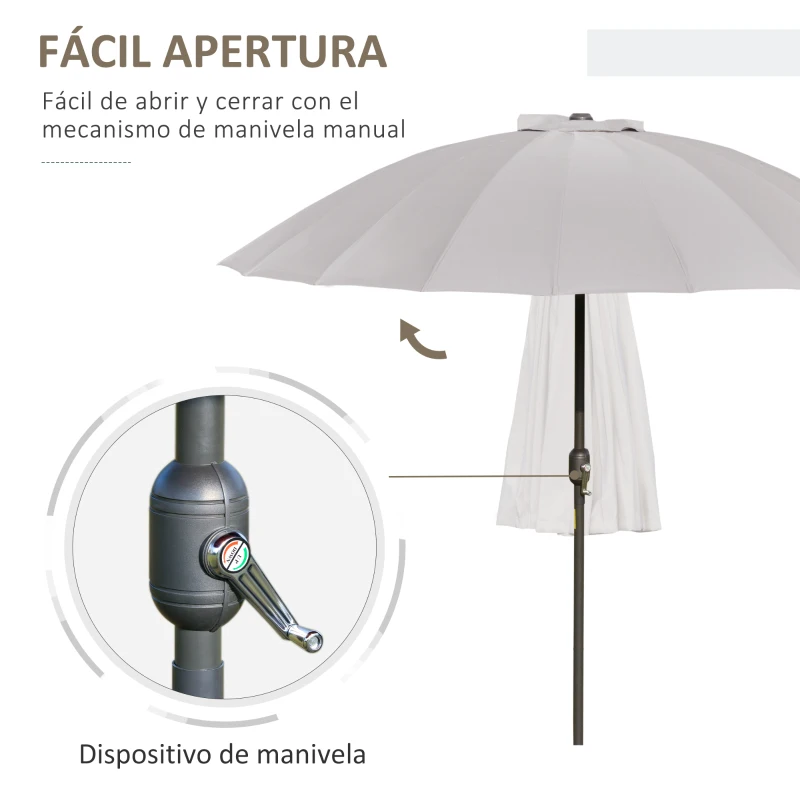 Outsunny Sombrilla de Jardín Ø250x240 cm con Manivela Parasol con Ángulo Inclinable con 18 Varillas para Exterior Gris Claro