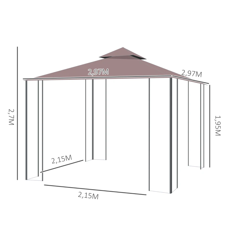 Outsunny Cenador de Jardín 3x3 m Pabellón para Exterior con Doble Techo de Ventilación 4 Mosquiteras Extraíbles y Marco de Acero Protección Solar Gazebo para Fiestas Eventos Café