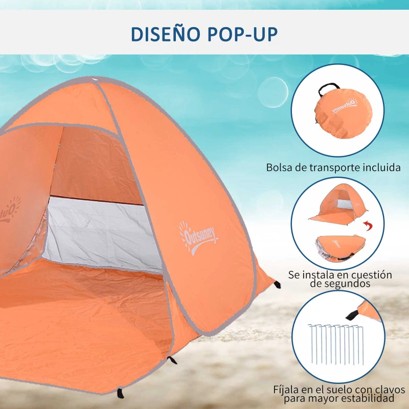 Outsunny Tienda de Playa para 2-3 Personas Pop-Up con Ventanas tipo Refugio  Protección Solar UV 200x150x119 cm Naranja