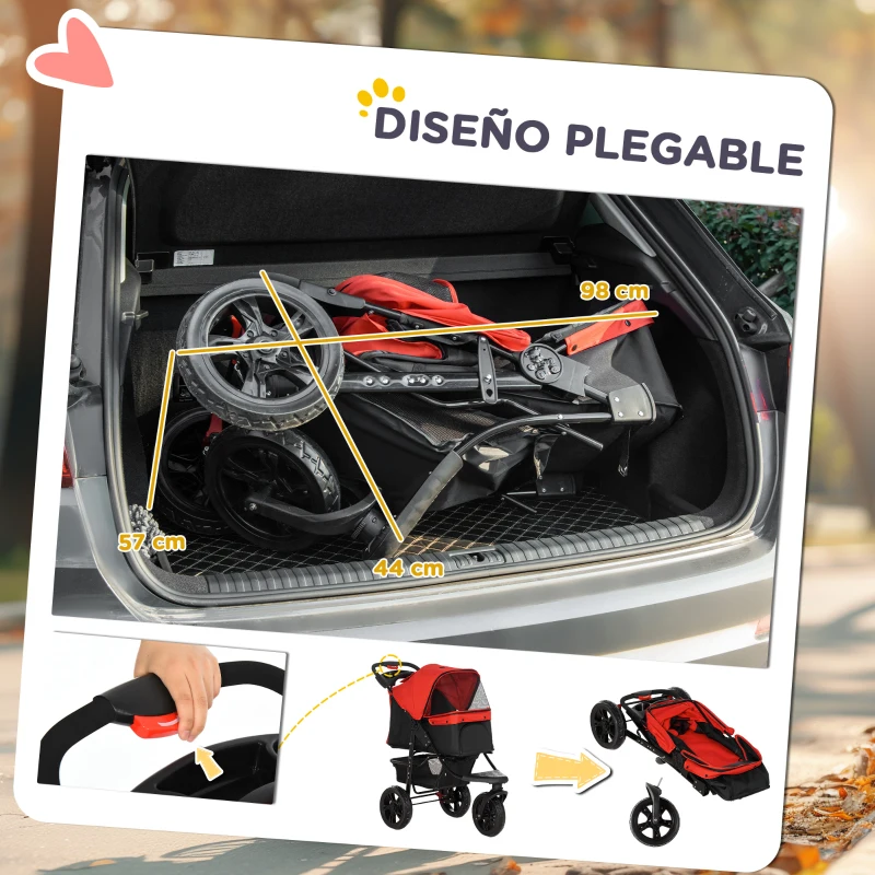 PawHut Carrito para Perros con 3 Ruedas Ventanas de Malla Cesta de Almacenaje y Correas de Seguridad 109,5x57,5x106,5 cm Rojo