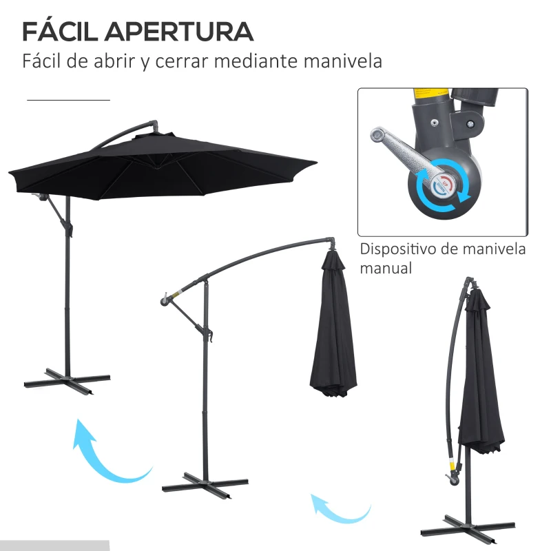 Outsunny Sombrilla de Jardín Ø295x250 cm Parasol Excéntrico Inclinable con Manivela Base Cruzada y Soporte de Metal 8 Varillas para Terraza Exterior Balcón Negro