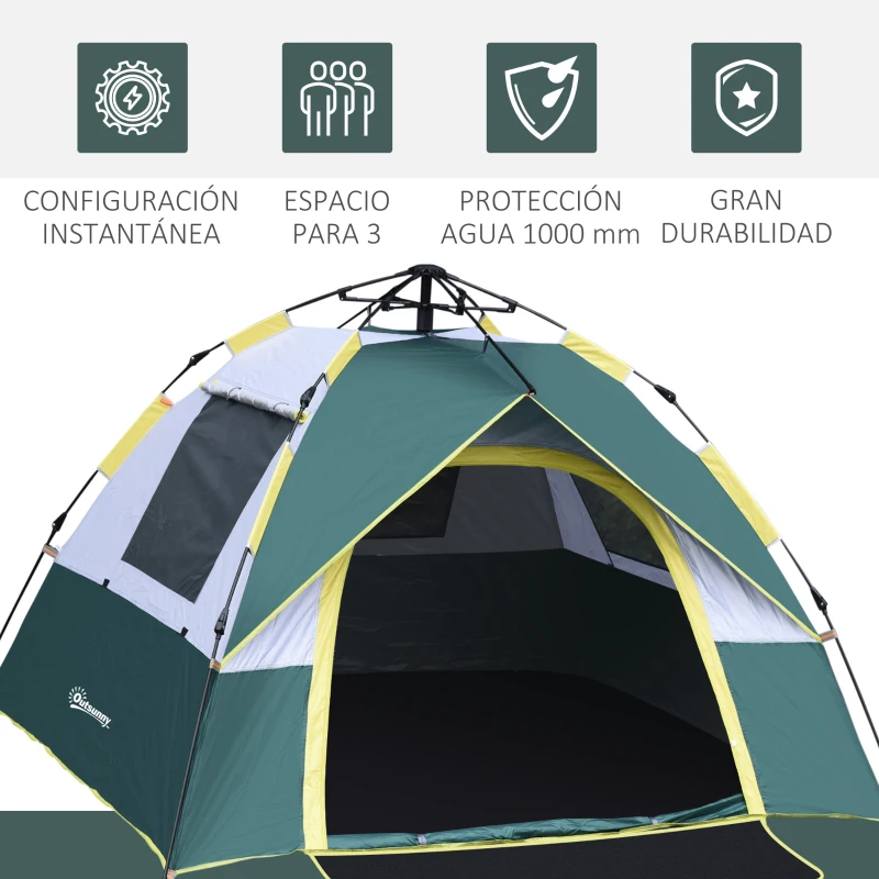 Outsunny Tienda Camping Plegable con 1 Puerta 3 Ventanas Bolsa de Transporte y Apertura Automática 205x195x135 cm Verde