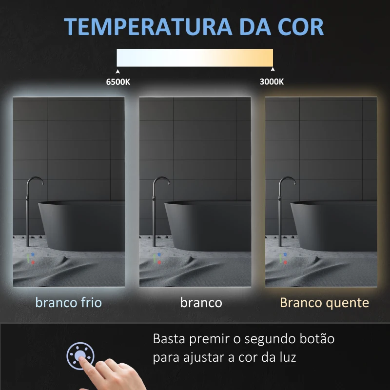 kleankin Espelho de Casa de Banho com Luz LED Anti-Embaciamento Interruptor Tátil 3 Luzes Ajustáveis e Função de Memória 90x60cm Prata