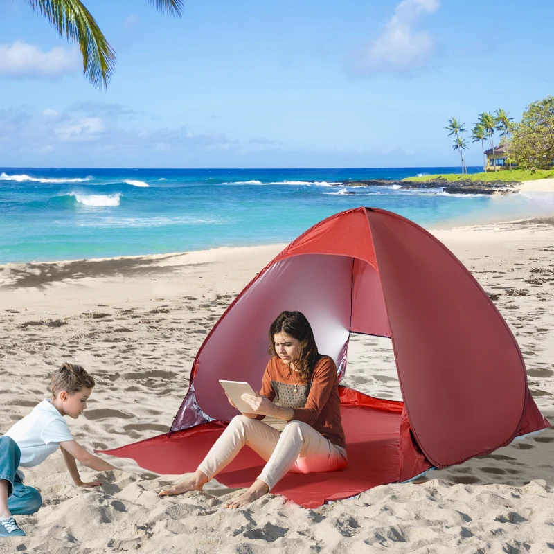 Outsunny Tienda de Playa para 2-3 Personas Pop-Up con Ventanas tipo Refugio con Protección Solar UV 200x150x119 cm Rojo