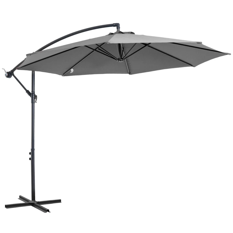 Outsunny Sombrilla de Jardín Ø295 cm Parasol Excéntrico Inclinable con Manivela Base Cruzada y Soporte de Acero Gris