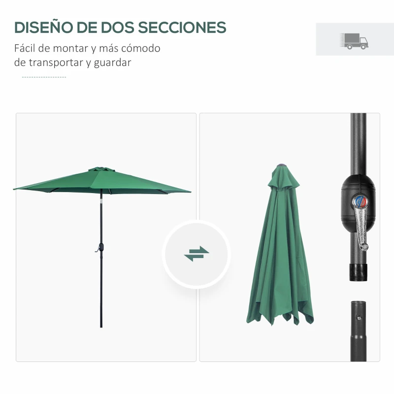 Outsunny Sombrilla de Jardín Ø295x250 cm con Manivela Parasol Exterior con Mecanismo de Inclinación y Poste Desmontable de Metal para Terraza Piscina Patio Verde