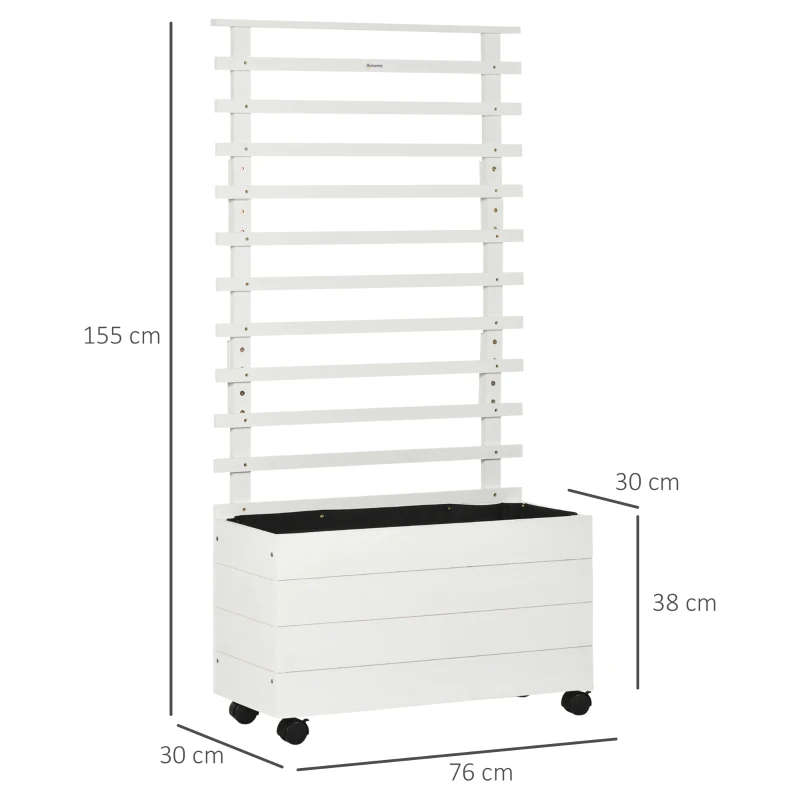Outsunny Jardinera con Enrejado de Madera Maciza Soporte con 4 Ruedas Celosía y Malla Geotextil 76x30x155 cm Blanco