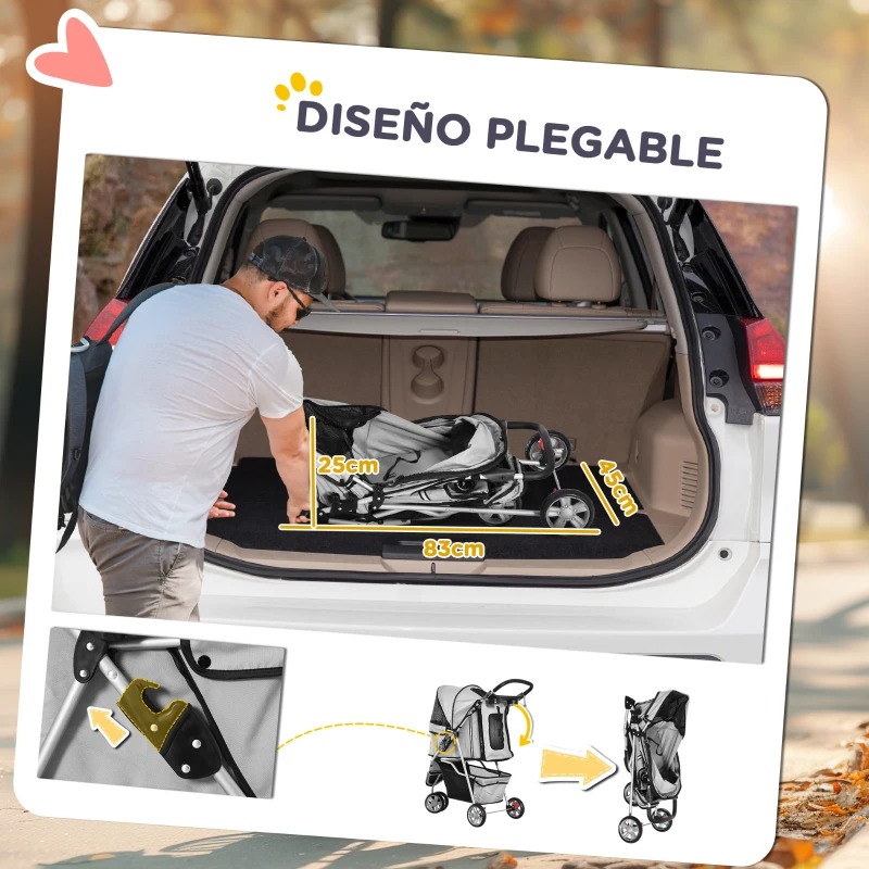 PawHut Carrito para Perros Pequeños con Cesta de Almacenaje Ventanas de Malla y 2 Ruedas Universales 75x45x97 cm Gris