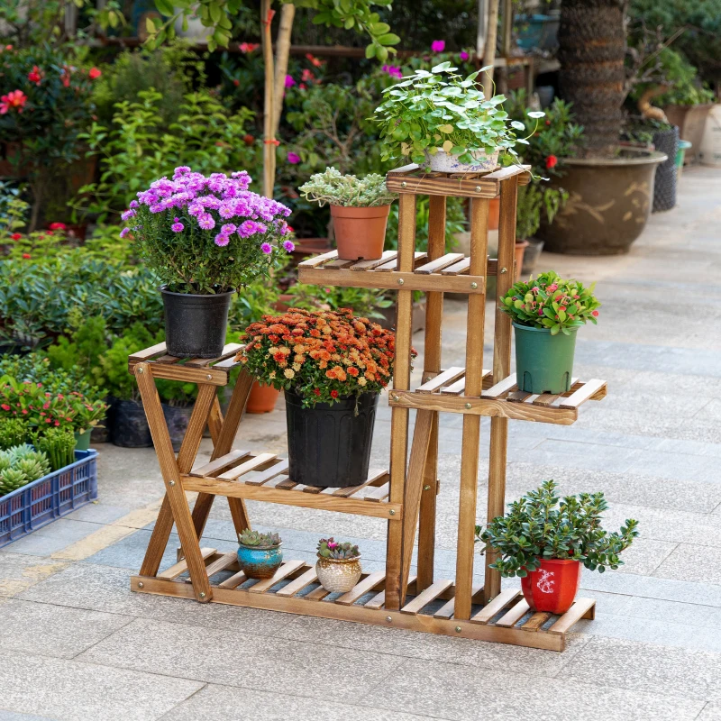 Outsunny Estantería para Plantas con Pies de Madera con 5 Niveles Carga 60 kg para Interior y Exterior 98x28x95 cm Carbonizado