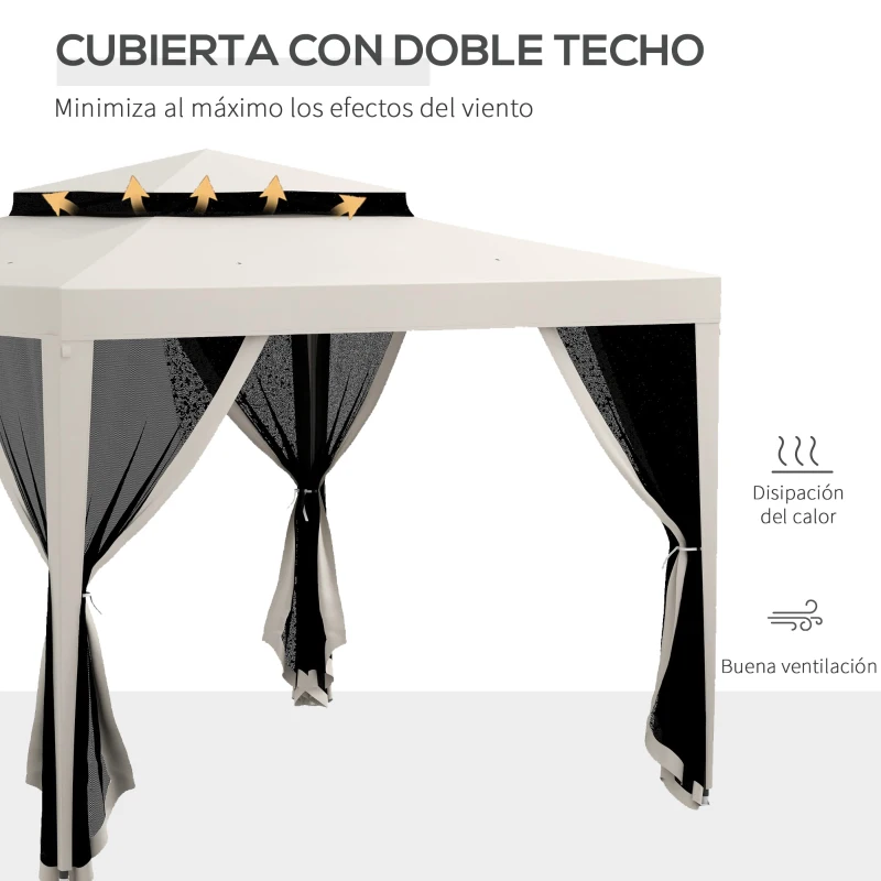 Outsunny Carpa de Jardín 3x3 m Cenador Gazebo con 4 Mosquiteras Laterales Techo Doble 8 Orificios de Drenaje Marco de Metal Crema