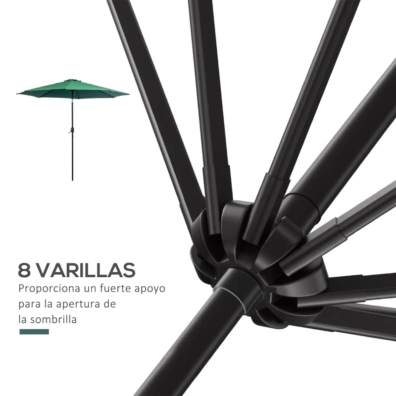 Outsunny Sombrilla de Jardín Ø295x250 cm con Manivela Parasol Exterior con Mecanismo de Inclinación y Poste Desmontable de Metal para Terraza Piscina Patio Verde