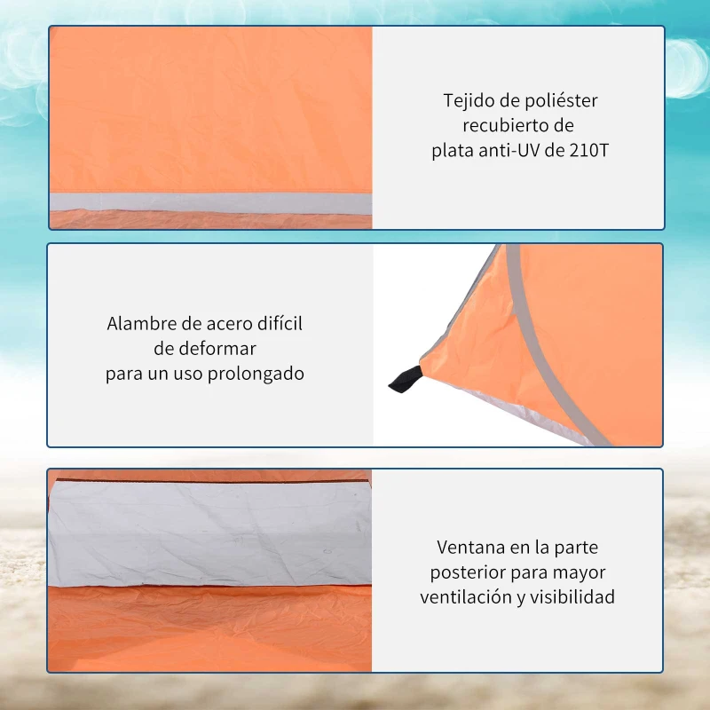 Outsunny Tienda de Playa para 2-3 Personas Pop-Up con Ventanas tipo Refugio  Protección Solar UV 200x150x119 cm Naranja
