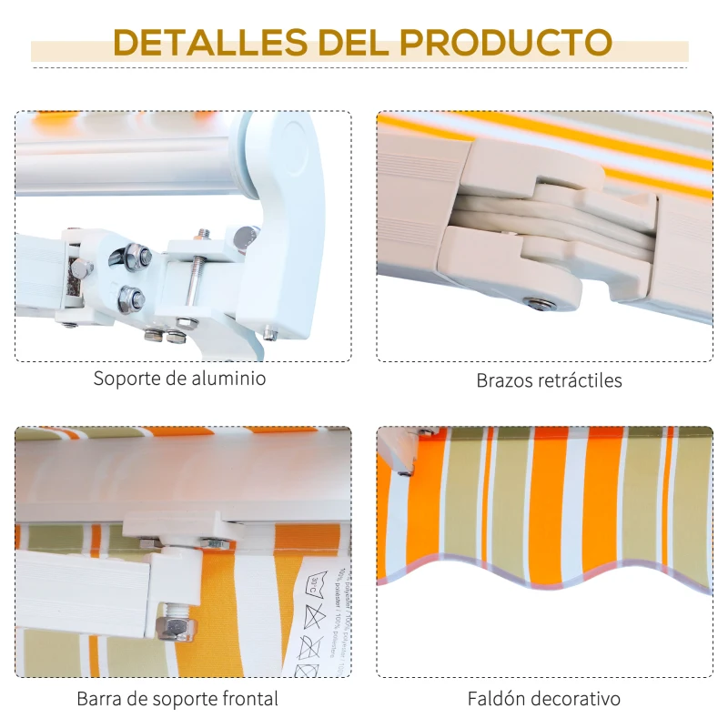 Outsunny Toldo Manual Retráctil 300x250 cm Toldo para Balcón con Manivela de Metal Impermeable y Anti-UV Toldo Enrollable de Exterior para Jardín Terraza Ventanas Amarillo y Blanco