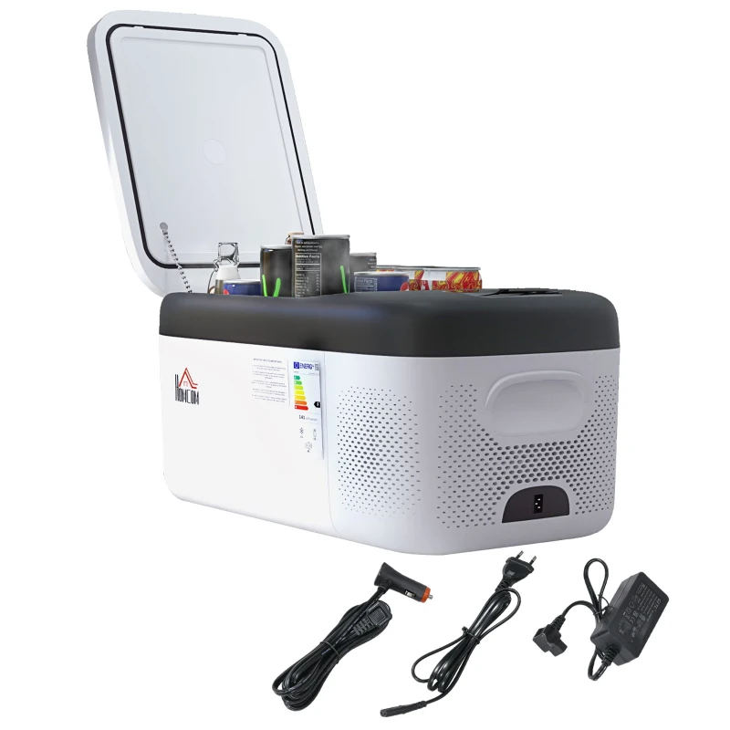HOMCOM Nevera Compresor Portátil 15L Refrigerador de Coche -20℃-20℃ 12 / 24V DC y 100-240V CA 56,8x33x26,2 cm Blanco