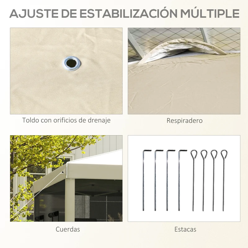 Outsunny Cenador de Jardín 3x3 m con Pared Lateral de Malla 6 Ventanas Altura Ajustable en 3 Niveles Protección Rayos UV30+ Beige