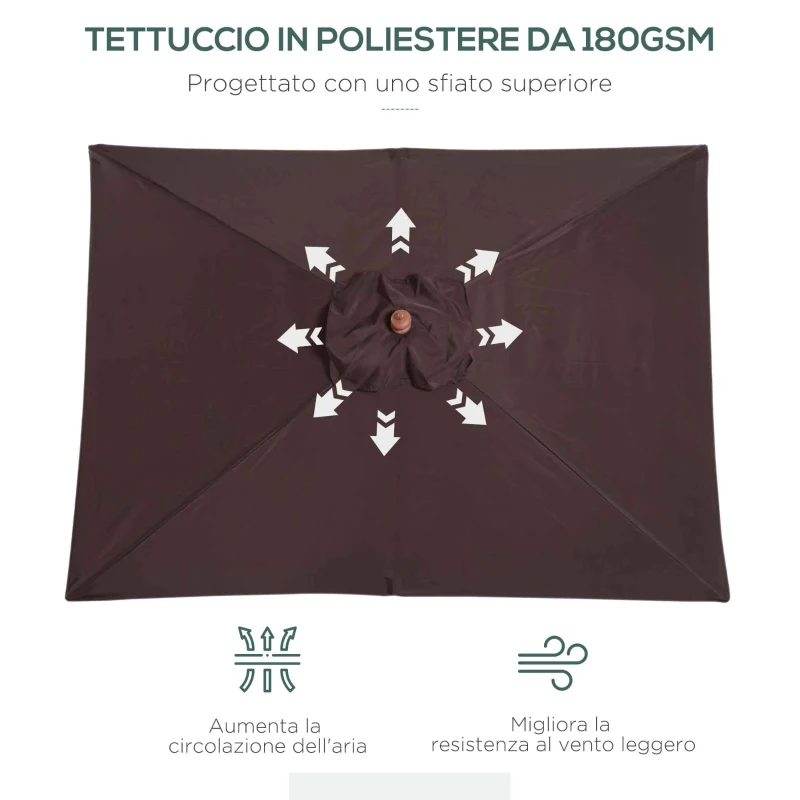 Outsunny Ombrellone Rettangolare Inclinabile 2x1.5 m con 6 Stecche e Apertura a Corda, in Bambù e Poliestere Caffè