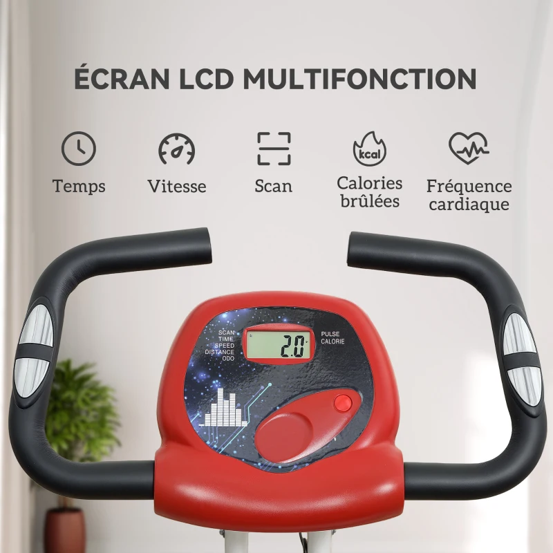 Vélo d'appartement pliable- Collaboration Aosom.fr x FFHandball - 8 niveaux de résistance, dossier selle réglable, rouge
