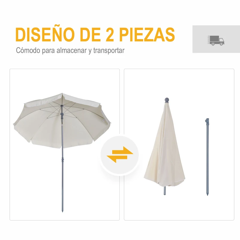 Outsunny Sombrilla de Playa Diámetro de Ø202 cm con Techo Inclinable Poste Desmontable y Pincho Inferior para Jardín Beige