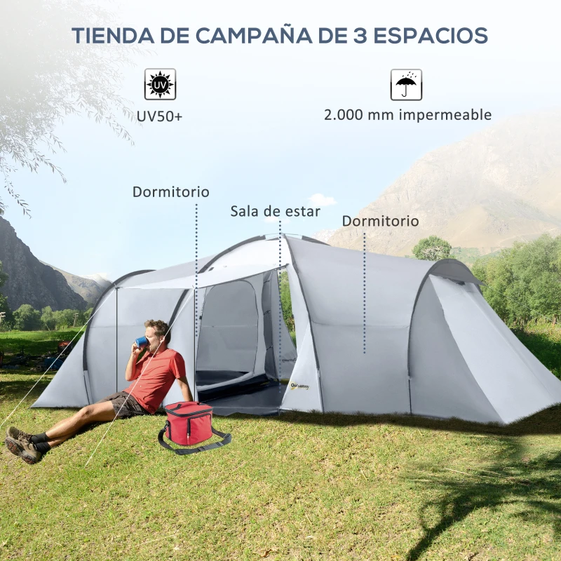Outsunny Tienda de Campaña Familiar para 4-6 Personas con 2 Ventanas y Bolsa de Transporte Impermeable Anti-UV 590x245x193cm Gris