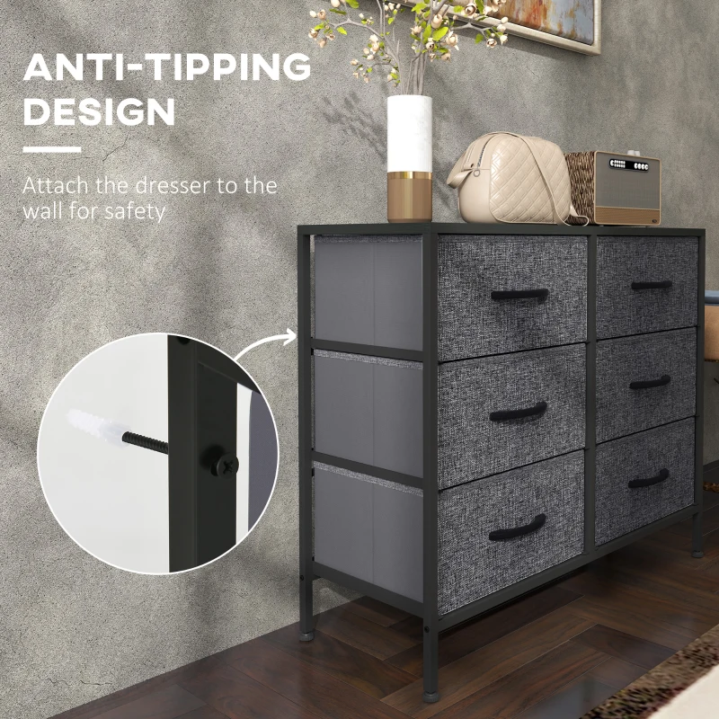 HOMCOM Fabric Chest of Drawers, Industrial Bedroom Dresser with 6 Fabric Drawers, Steel Frame and Wooden Top for Nursery, Living Room, Hallway, Black