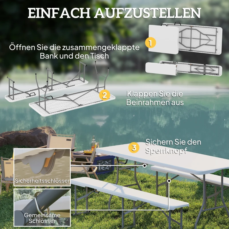 Outsunny 3-teiliges Picknicktisch-Set, 1 Tisch, 2 Bänke, Faltbarer Campingtisch mit Tragegriffen, Kunststoff, Metall, Weiß