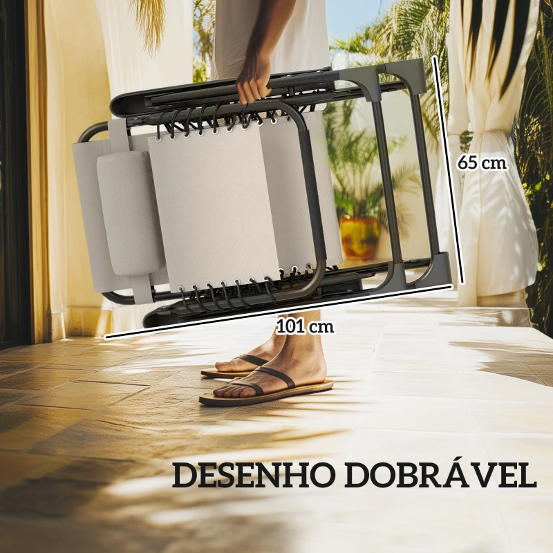 Outsunny Conjunto de 2 Espreguiçadeiras Jardim Dobráveis com Mesa Auxiliar Porta-Copos e Encosto Ajustável 90x65x110 cm Bege